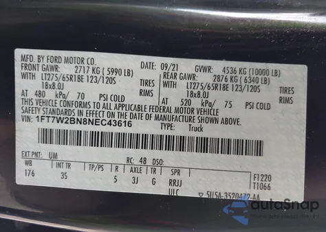 2022 Ford F-250 Xlt from USA, damaged, VIN 1FT7W2BN8NEC43616